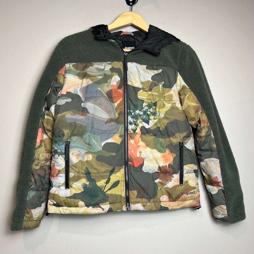Desigual Puffer Jacket Youth Small Camouflage Floral Hooded Zip Artsy Eclectic